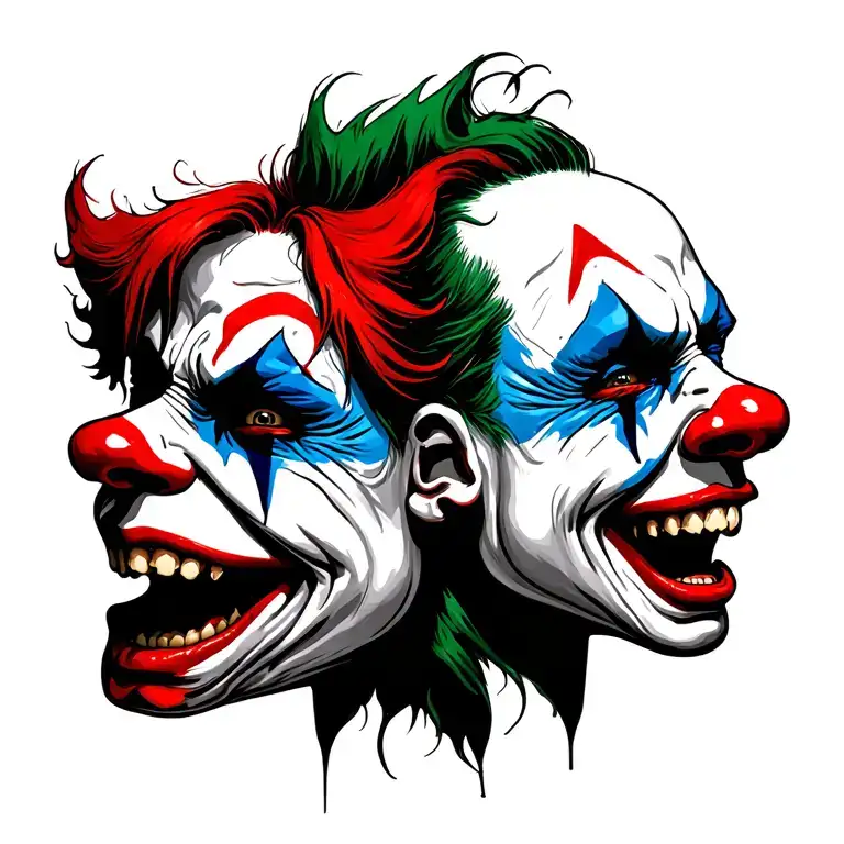 theatre of pain masks tragedy and comedy evil clown faces one laughing one crying tattoo design idea