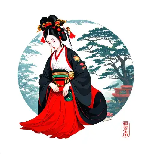 beautiful japanese woman in traditional clothes and a panda tattoo design idea