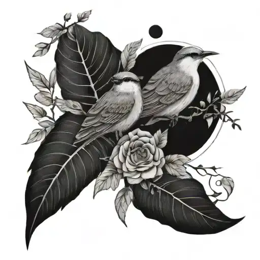 birds moon botanical elements tattoo design idea