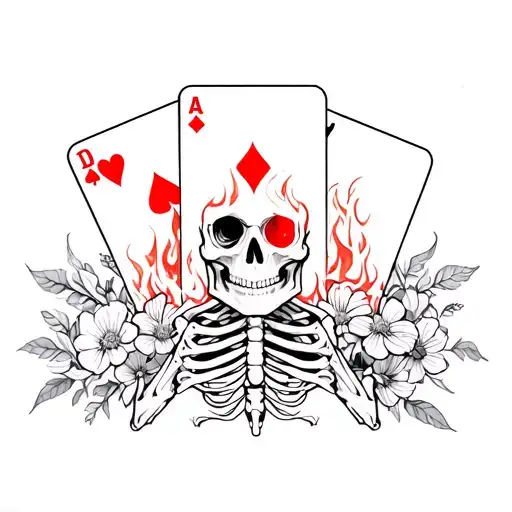 fine three playing cards on fire held by a skeleton. surrounded by delicate flowers and line patterns   tattoo design idea