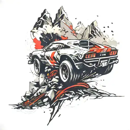 A sleek and detailed blackwork tattoo of a racing car speeding through a mountainous outdoor landscape tattoo design idea