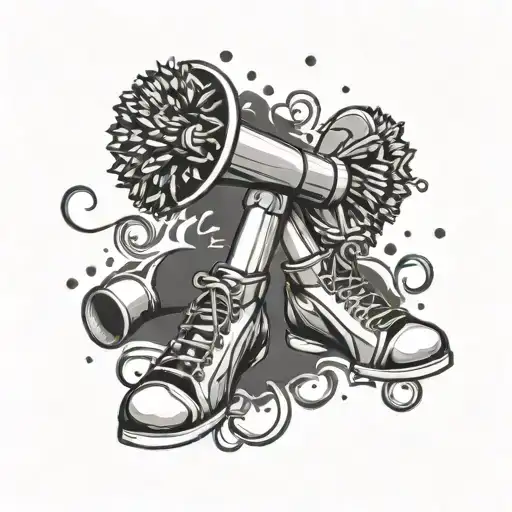 cheerleader megaphone with pop poms and cheer shoes tattoo design idea