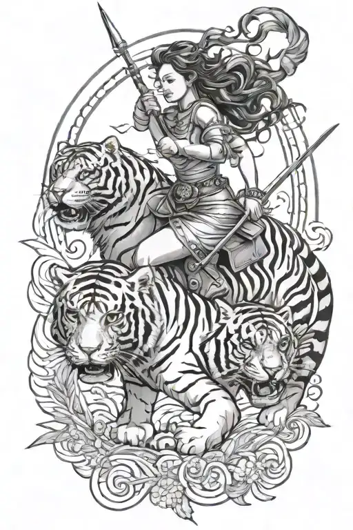 female sagittarius riding tiger while pulling a fire arrow tattoo design idea