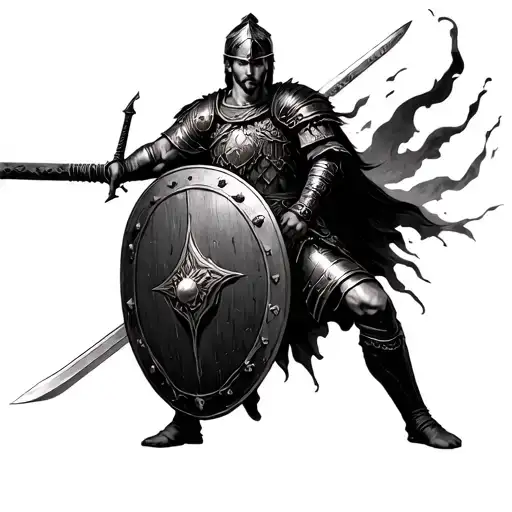 Roman Soldier with sword and shield fighting dark spirits tattoo design idea