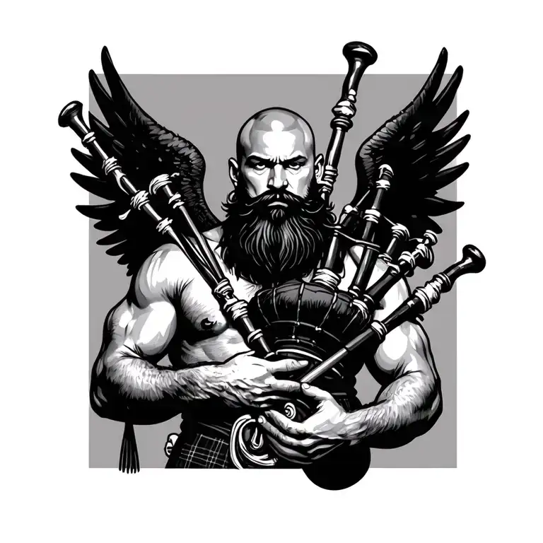 scottish bagpiper bald black beard muscular wearing glengarry pipes in arm big black wings shirtless tattoo tattoo design idea