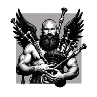 scottish bagpiper bald black beard muscular wearing glengarry pipes in arm big black wings shirtless tattoo tattoo design idea