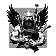 scottish bagpiper bald black beard muscular wearing glengarry pipes in arm big black wings shirtless tattoo tattoo design idea