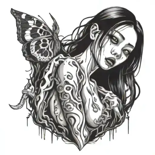 Black And White Anime Girl gore horror gothic Junji Ito Style  tattoo design idea