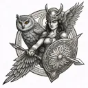 fighting Athena holding spear and shield with owl flying tattoo design idea