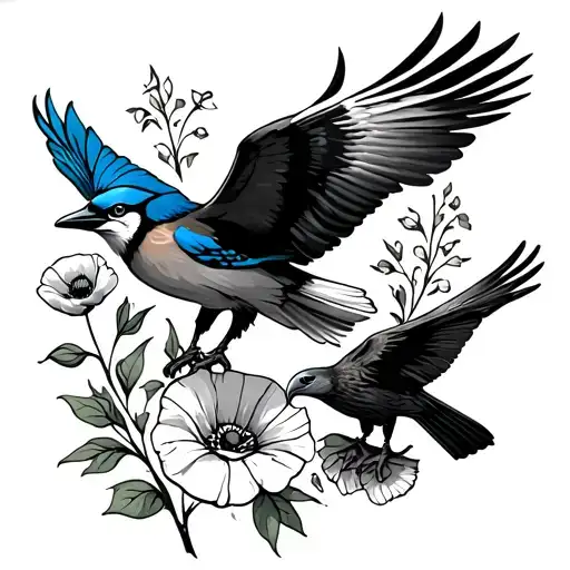 poppies, teacher, eagle, blue jay, hawk flying tattoo design idea