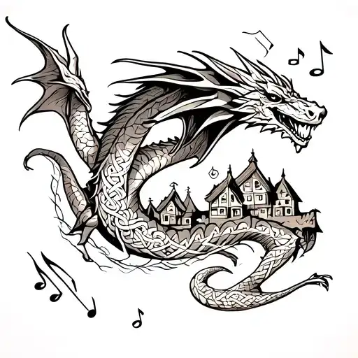 A Celtic-inspired tattoo of a dragon flying over a tribal village with musical notes floating in the air tattoo design idea