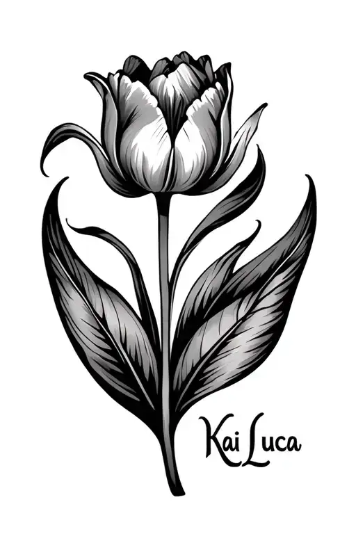 a tulip flower with leaf and the name Kai Luca integrated in the leaf  tattoo design idea