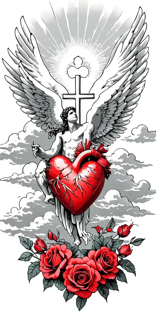 icarus flying with a heart with rays and clouds and a cross with lightly red colored roses throughout tattoo design idea