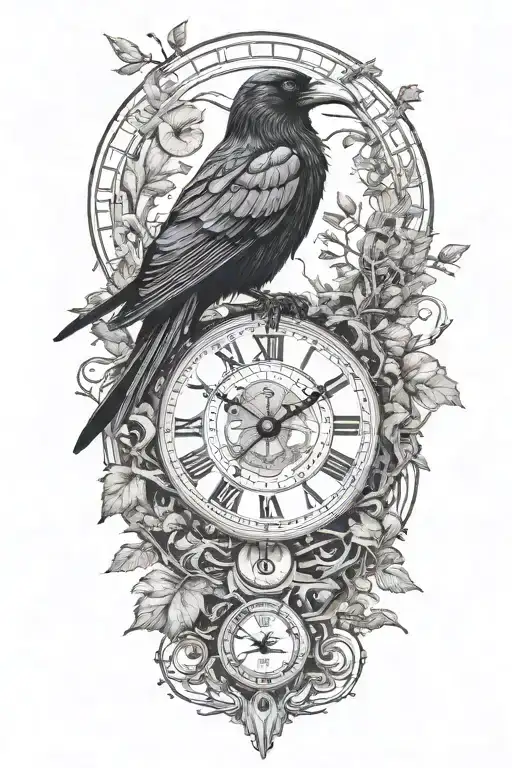raven perched with runes and clockwork and branches with read leaves tattoo design idea
