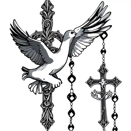 cross and rosary with dove tattoo design idea