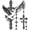 cross and rosary with dove tattoo design idea