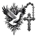 cross and rosary with dove tattoo design idea