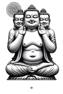 3 chubby buddhas sitting in a row doing the hear no evil, speak no evil, see no evil pose on a forearm  tattoo design idea