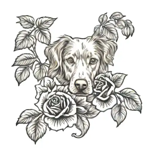 nova scotia duck toller dog rose and paw print surrounded tattoo design idea