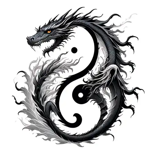 Fierce Water Dragon tattoo with yin yang and double exposure sharper line to emphasize  tattoo design idea