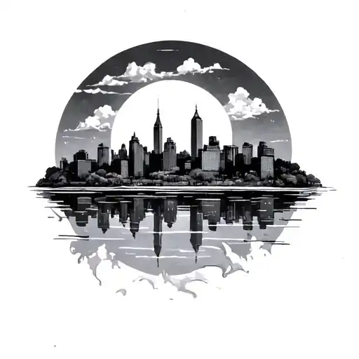 spine tattoo of Lexington skyline black and white with reflection tattoo design idea