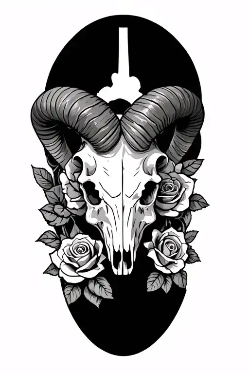 ram skull + roses old school style tattoo tattoo design idea