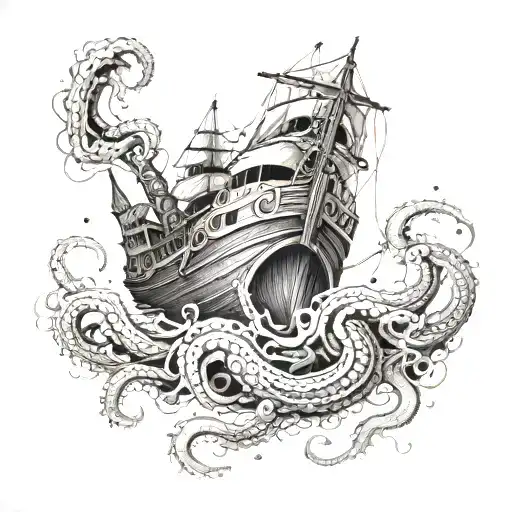 A powerful Kraken emerging from the depths of the ocean, wrapping its tentacles around a fishing boat, combining elements of Greek mythology and fishing tattoo design idea