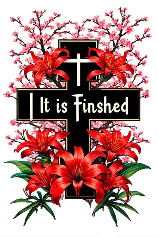 "It is Finished" Cross with Red Spider Lilies and Cherry Blossom Trees tattoo design idea