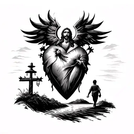 Jesus sacred heart with a windy road leading to it, with a boy walking in the road holding a lantern to light the way  tattoo design idea