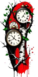 a birch tree and branches and green leaves with three clocks on them.  tattoo design idea