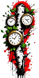 a birch tree and branches and green leaves with three clocks on them.  tattoo design idea