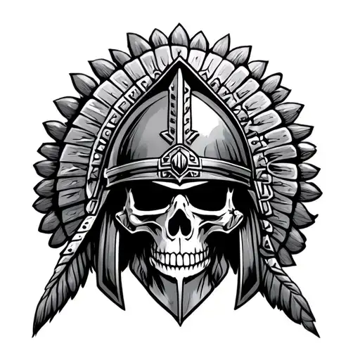conquistador helmet and skull surround by Aztec warriors tattoo design idea