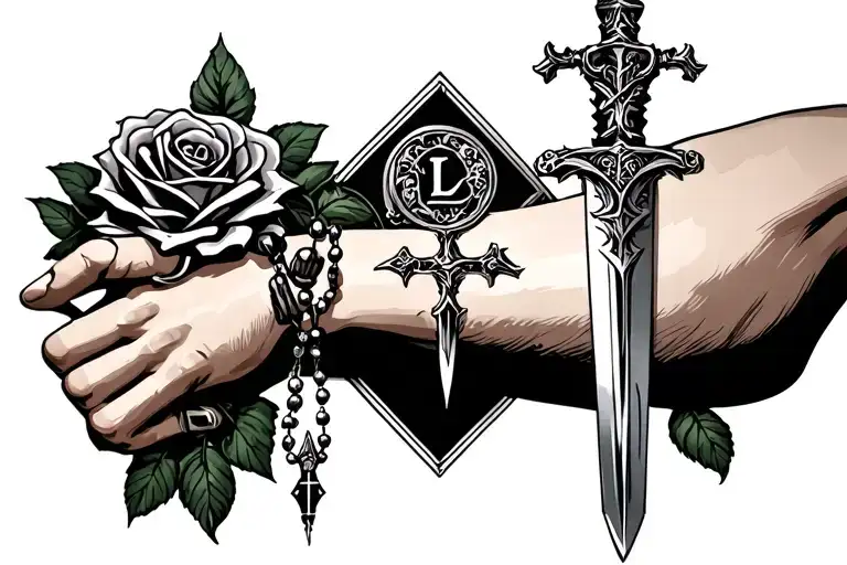 rosary on the forearm, dagger, rose, letter L tattoo design idea