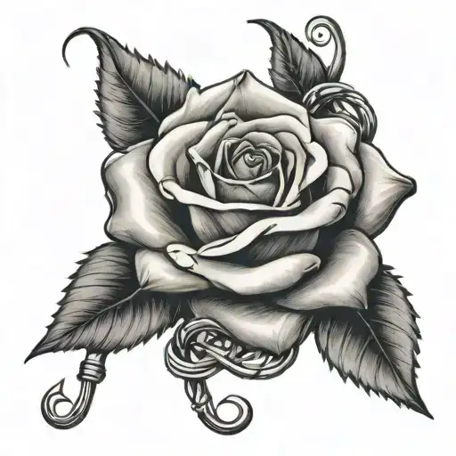 rose intertwined with a fishing hook  tattoo design idea