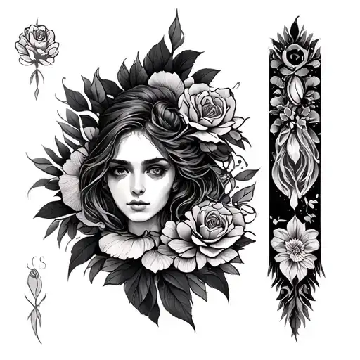 Design a vertical black and grey fine-line tattoo sleeve layout in a vintage, emotionally symbolic style inspired by cla tattoo design idea