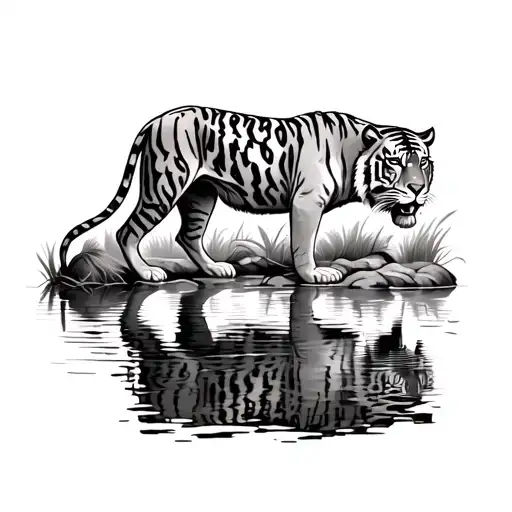 A majestic tiger standing at the edge of a calm river, its reflection in the water showing a different version of itself tattoo design idea