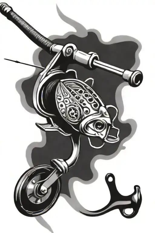 Fishing rod and reel tattoo design idea