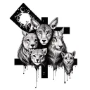 cross with 6 animals representing family members tattoo design idea