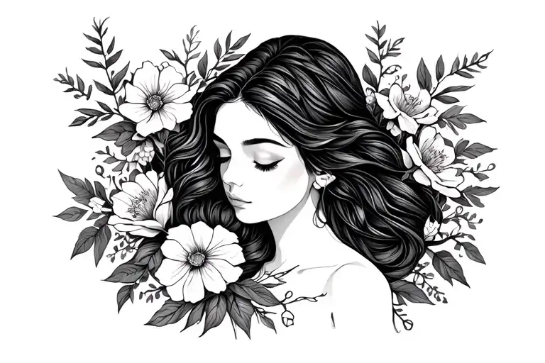 a woman healing with flowers and vines. self love.  tattoo design idea