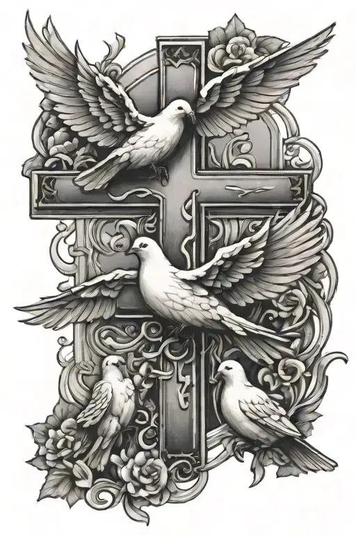 cross and 3 doves flying tattoo design idea
