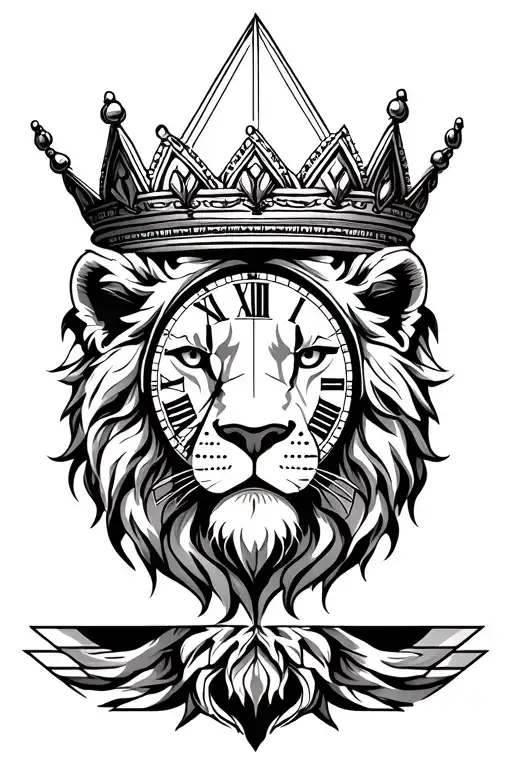 lion with a crown, clock and Greek god  tattoo design idea