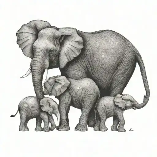 Mama Elephant And three children one girl two boys  tattoo design idea