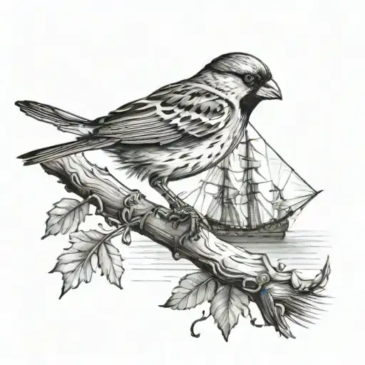 sparrow perched on a branch overlooking the ocean with a pirate ship in the distance  tattoo design idea