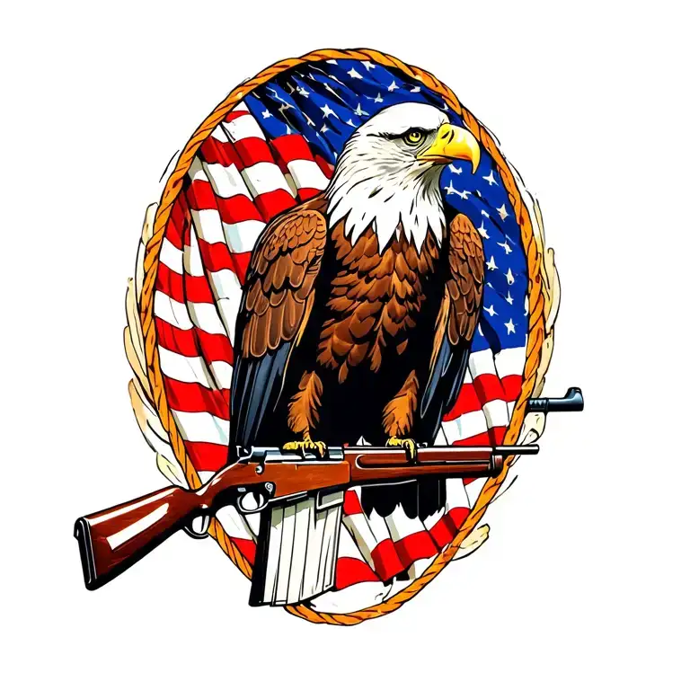A patriotic bald eagle perched on a rifle with an American flag in the background tattoo design idea