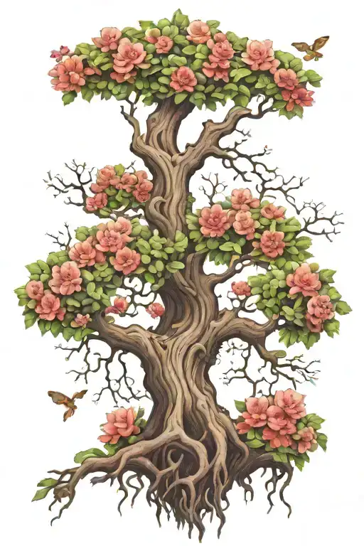 tree with gnarly roots and normal trunk branching into beautiful flowers at the top tattoo design idea