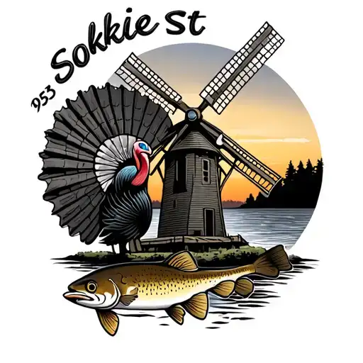 small holland windmill with a Turkey fan,  a sunset, a brown trout, a small 1985, the name Sookie hidden, Sault St Marie tattoo design idea