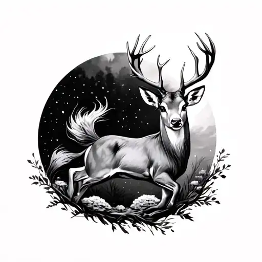 FEMLE DEER JUMPS to another dimension with color  tattoo design idea