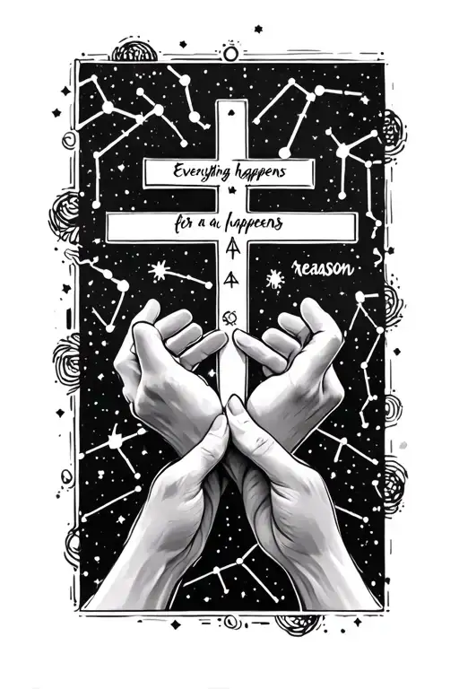 everything happens for a reason with a cross connection and constellations around  tattoo design idea