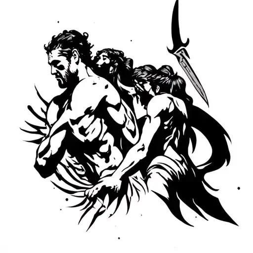 looking for a tattoo where a man is protecting loved ones from the danger evil but is been stabbed b  back by family tattoo design idea