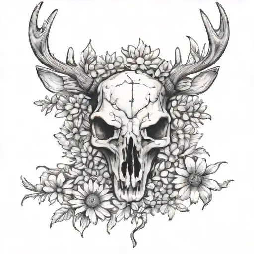 deer skull with chamomile flowers intertwined tattoo design idea